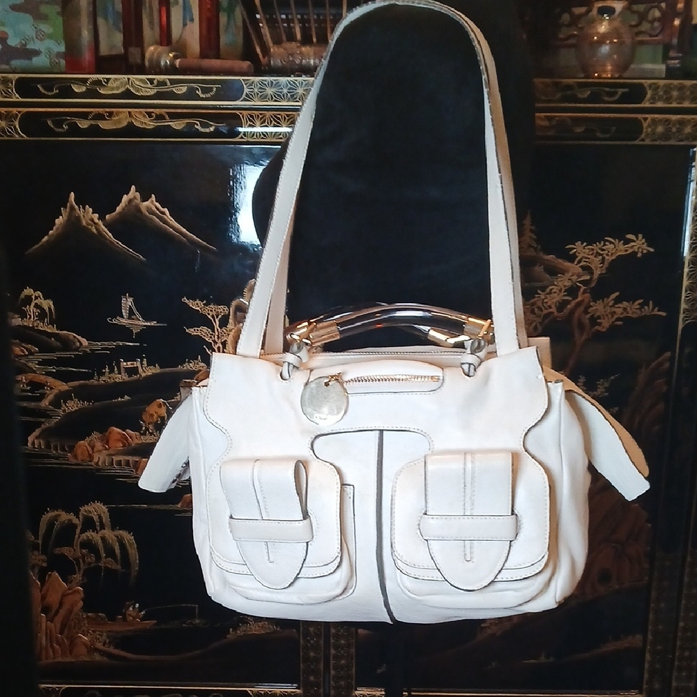 🤍 Chloe Saskia White Leather Bag Clear Handles Medium Satchel Gold Disc w/card